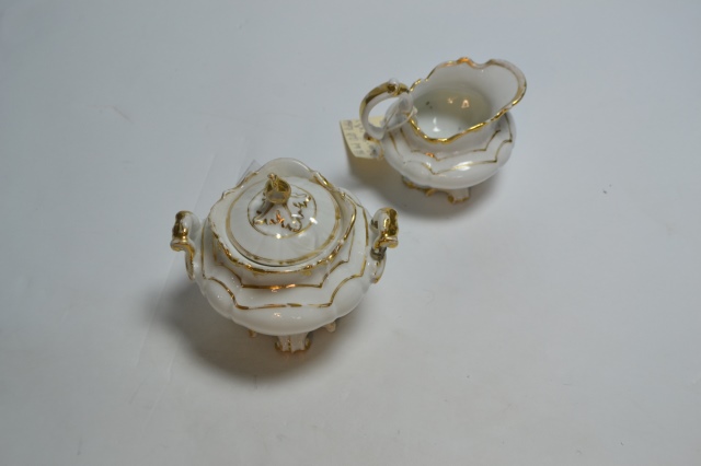 White and Gilt Lidded Sugar Bowl and Milk Jug.