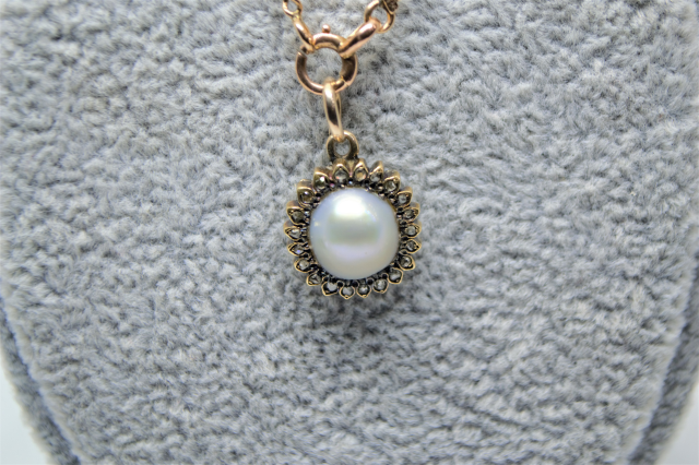 A 19th C. Pearl Mounted with Rose Cut Diamond Pendant and 9ct Gold Chain.