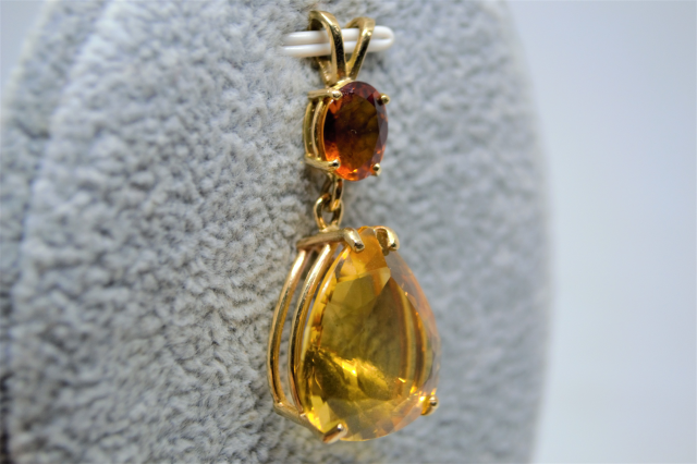 14k Yellow Gold Pendant with Oval Shape Citrine Suspending Pearl Shape Citrine Drop.