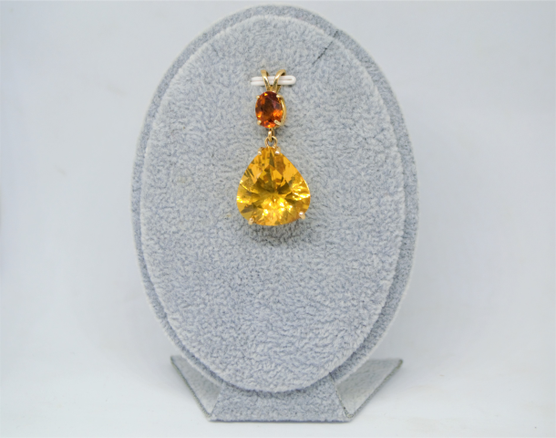 14k Yellow Gold Pendant with Oval Shape Citrine Suspending Pearl Shape Citrine Drop.