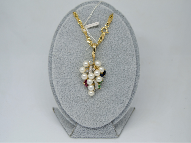 A 9ct Gold Cultured Pearl, Sapphire, Ruby And Diamond Pendant And 9 ct Chain.