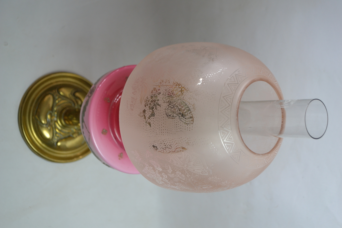 Antiques Victorian Cranberry Glass Oil Lamp With Glass Reservoir, Etched Shade And Chimney