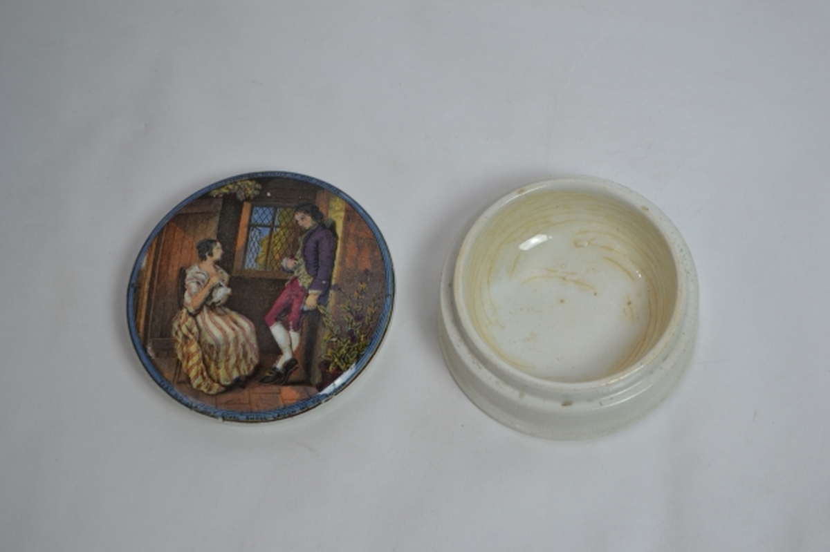 Prattware pot with lid 'that no jealous rival will laugh me to scorn'.