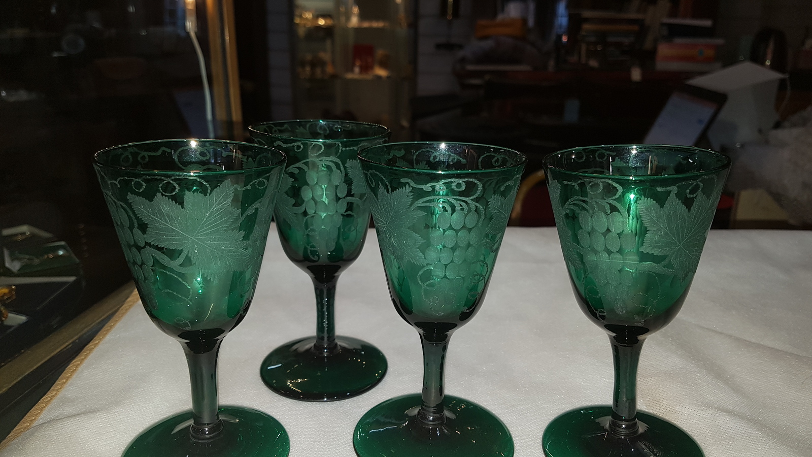 A Set Of Four 19th c. Bristol Green Etched Hand Blown Wine Glasses