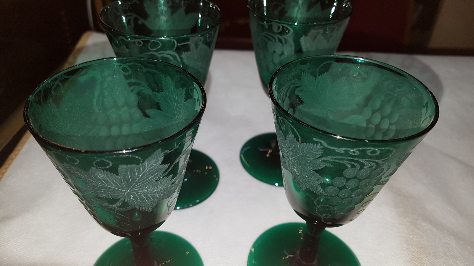 A Set Of Four 19th c. Bristol Green Etched Hand Blown Wine Glasses