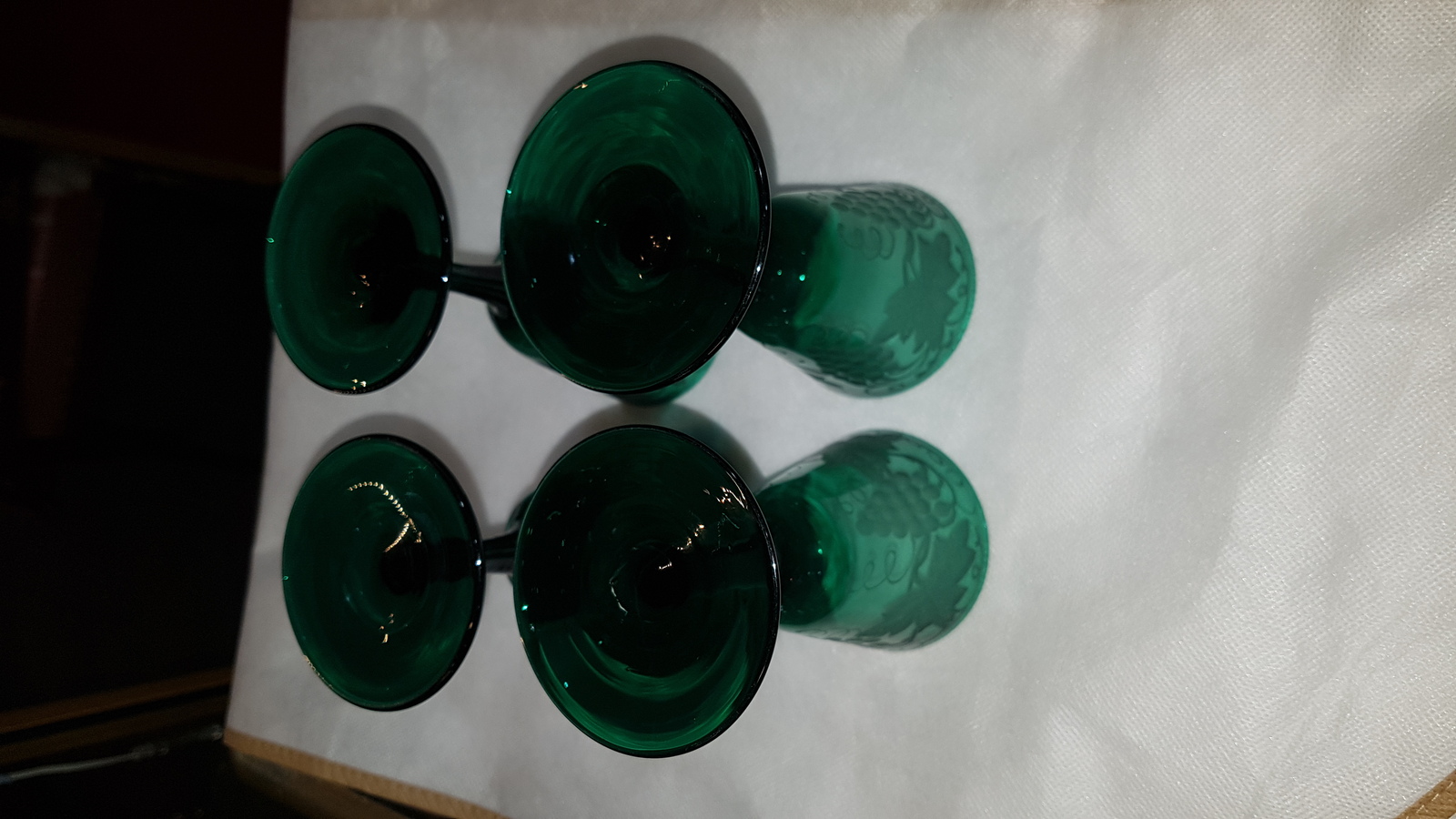 A Set Of Four 19th c. Bristol Green Etched Hand Blown Wine Glasses