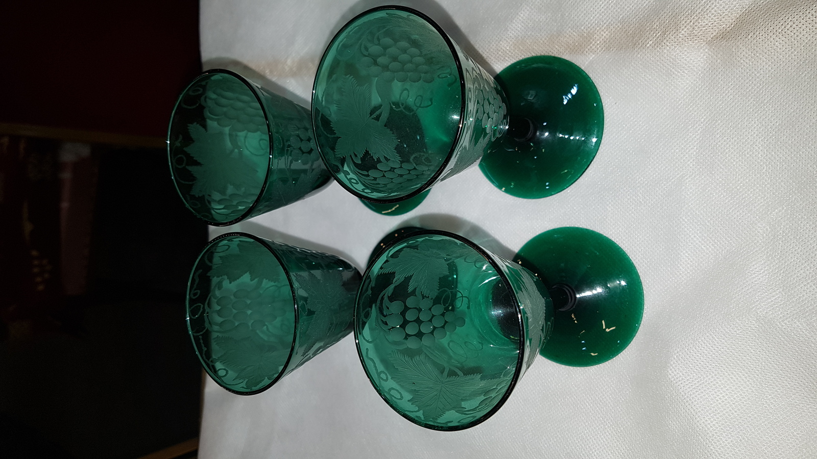 A Set Of Four 19th c. Bristol Green Etched Hand Blown Wine Glasses